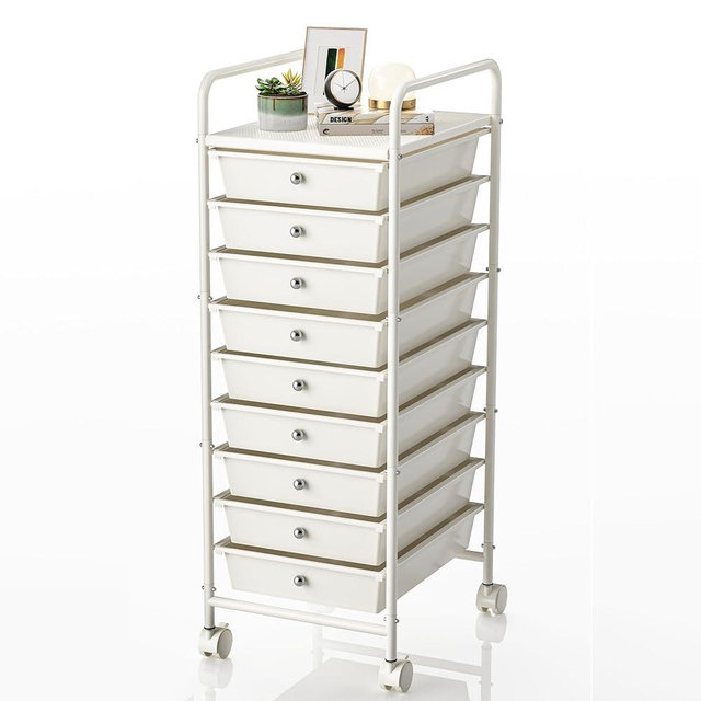 Shrivee 9-Tier Utility Cart with 9 Drawers, Rolling Utility Cart with 2 Lockable Caster Wheels, Multipurpose Mobile Rolling Storage Drawer Cart for Office Bathroom Kitchen, Ivory White