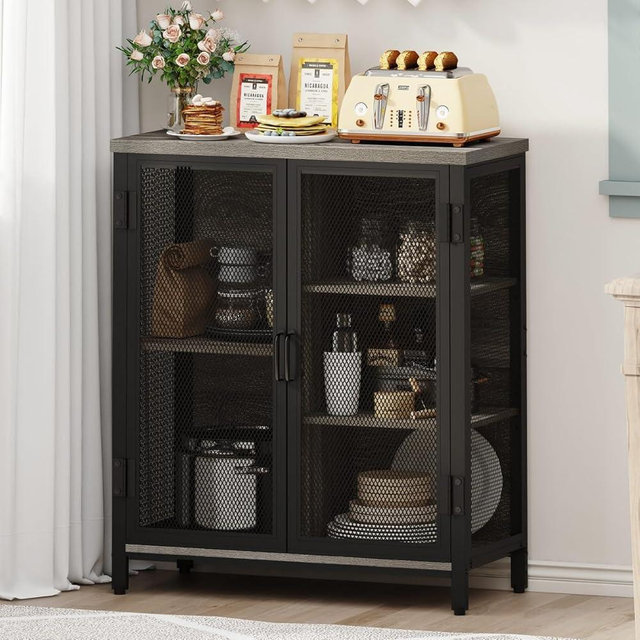 BON AUGURE Small Coffee Bar Cabinet with Storage, Farmhouse Liquor Cabinet for Home Coffee Station, Wood Sideboard Buffet with Doors for Kitchen, Dining Room, Living Room, Dark Grey Oak