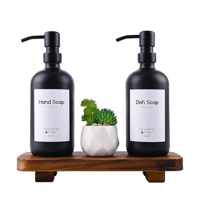 Halomoon Glass Soap Dispenser with Riser 16.9 OZ Hand Dish Soap Dispenser with Pump for Farmhouse Home Kitchen and Bathroom Decor Hand Dish Soap Dispenser Set (Black Bottle with Black Pump)