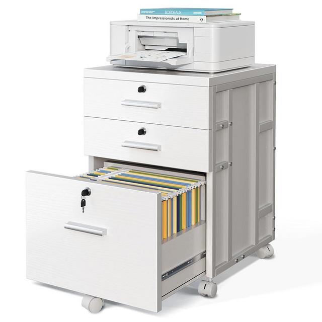 AODK Mobile File Cabinet Fully Assembled Filing Cabinet for Home Office, Small File Cabinets with Lock, Office Storage Cabinet 3 Drawer for Legal/Letter/A4 File, White