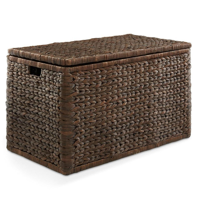 Casafield 30" Storage Chest with Lid, Handles, and Safety Hinge - Espresso, Water Hyacinth Wicker Storage Trunk for Entry Way, Living Room, Bedroom