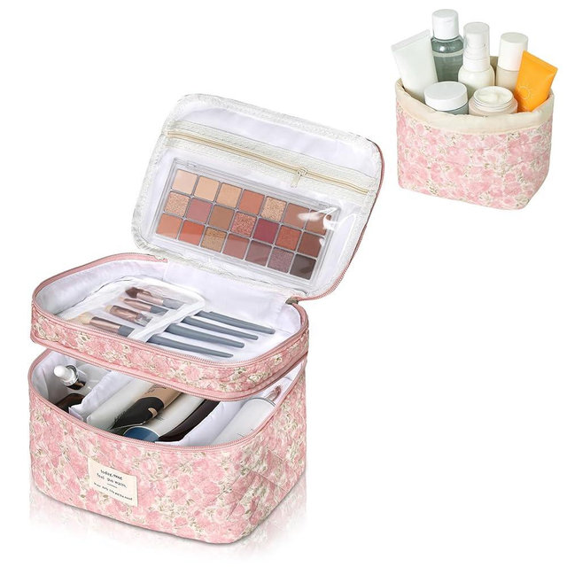 Gosect Makeup Bag, Quilted Cosmetic Bag Set, Drawstring Makeup Bag with Canvas Lining, Large Floral Toiletry Bag for Women Girls, Cute Cotton Flower Travel Organizer Bag (Pink Flower