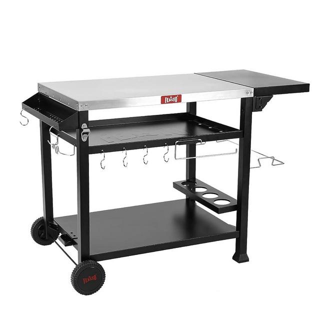 FEASTO Three-Shelf Movable Food Prep Cart Table, Home and Outdoor Multifunctional Stainless Steel Table Top Worktable on Two Wheels, L50’’x W21.7’’x H33’’