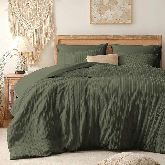 BESTSWEETIE Green Duvet Cover King Size – Striped Tufted King Duvet Cover Set with Zipper Closure, 3pcs Soft Microfiber Boho Duvet Cover Set for All Seasons (King, 104"x90")