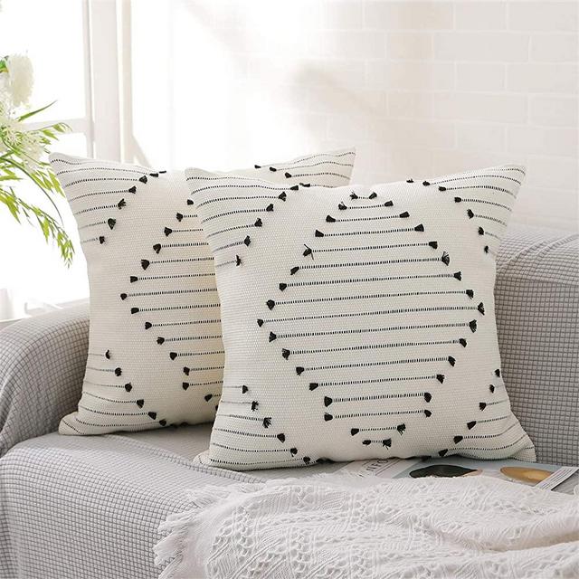 KKY Boho Throw Pillow Cover Cotton Hand-Woven Farmhouse Throw Pillow Cover, Used in Sofa, Living Room and Bedroom(Cream 2pcs, 18x18 inch)