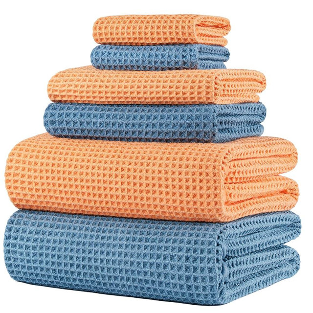 POLYTE Oversize, 60 x 30 in., Quick Dry Lint Free Microfiber Bath Towel Set, 6 Piece (Waffle Weave)