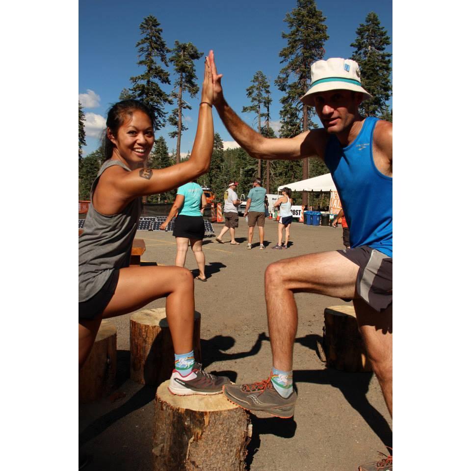 At Ragnar Trail Relays 2013, Sierra-at-Tahoe, in our matching Unicorn Rainbow socks - the socks that introduced us! ACTUALLY one of our very first photos together - before we were dating!
