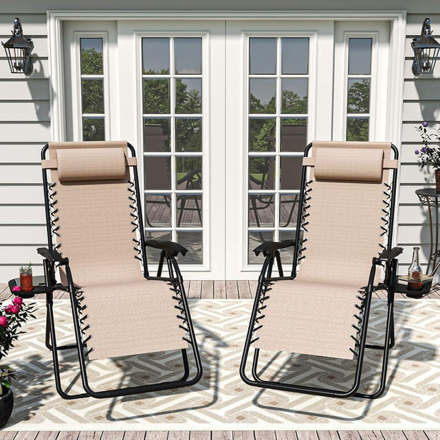 TQKVIPI Set of 2 Adjustable Zero Gravity Lounge Chairs Outdoor Recliner w/Cup Holder Tray & Removable Pillows, Ergonomic Reclining Chair for Camping Patio Lawn Balcony (Beige-Brown)