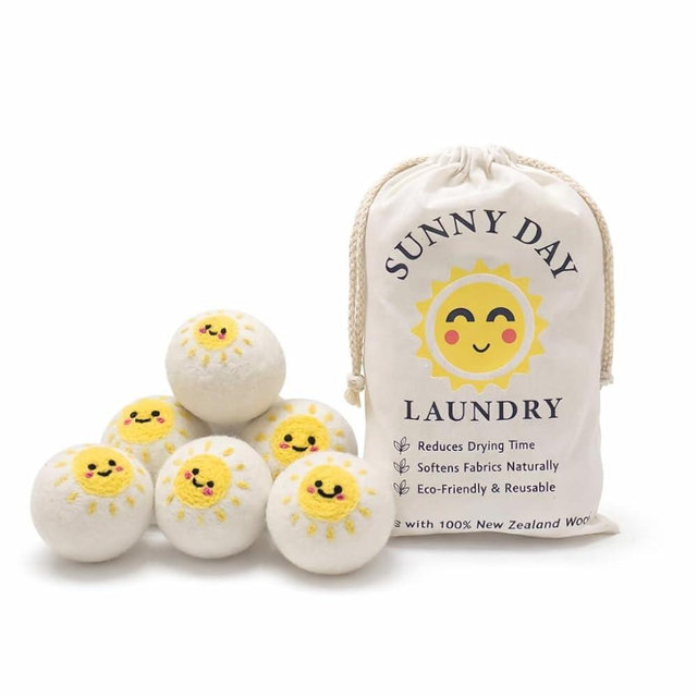 SUNNY DAY LAUNDRY Wool Dryer Balls - 6 Pack, 100% New Zealand Wool - Reusable Natural Laundry Softener, No More Dryer Sheets, Helps Reduce Static & Wrinkles