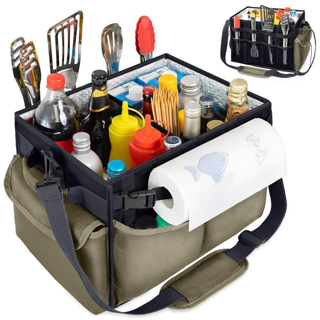 FRECOLSH Large Grill Caddy with Paper Towel Holder – Collapsible BBQ Organizer for Camping, Tailgating, RV, Boating – Grilling Gifts for Men – Griddle Tote Bag with Shoulder Strap – Outdoor Essentials