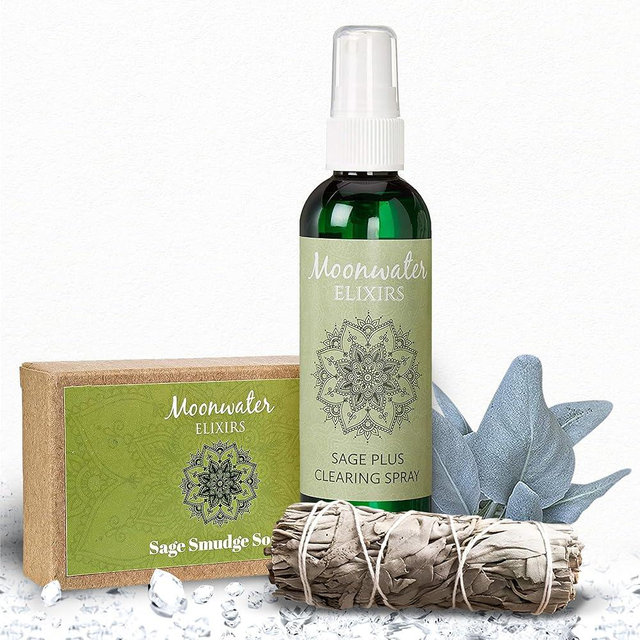 White Sage Cleansing and Protection Bundle – Spray, Soap & Stick to Remove Negative Energy & Clear Spaces – Reiki, Quartz and Full Moon Charged - Cleanse and Heal Aura + Spiritual Defense (4oz)