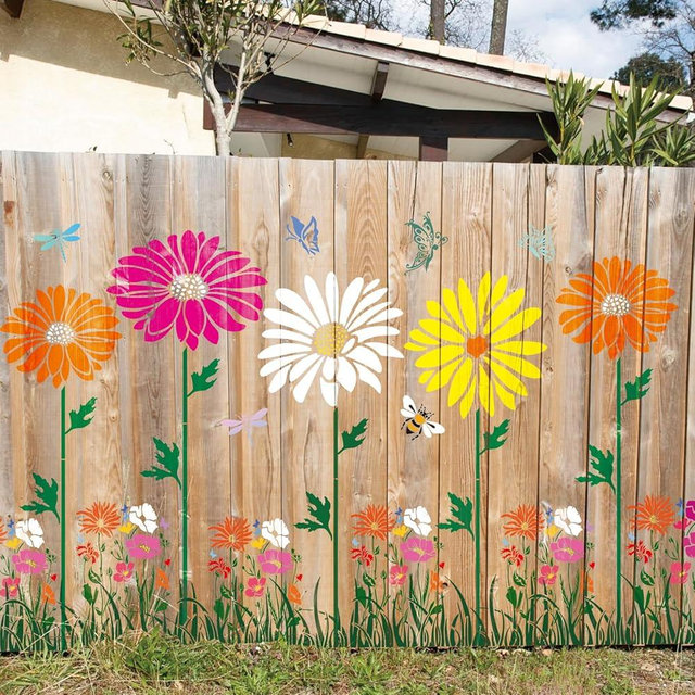 Large Fence Flower Stencils for Painting on Wood Jumbo Sunflower Floral Butterfly Fence Stencils for Outdoors Garden Walls Lace Crafts Reusable Home Canvas Furniture Paper (fence8)