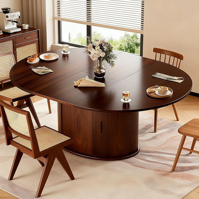 Wildhome Extendable Round/Oval Dining Table Seats 2-4-6, 63" Modern Farmhouse Design with 2-Tier Storage & Fluted Slide Door, Dining Room Kitchen Furniture (Walnut, 63 inches)