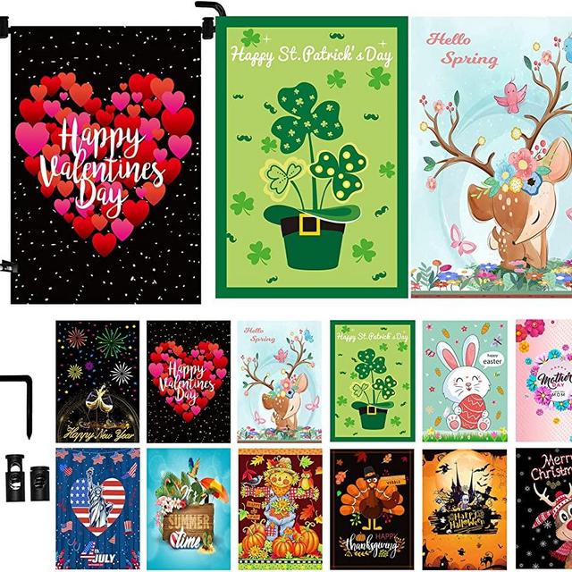 Seasonal Garden Flags Set of 12 and Garden Flag Stand/Pole/Holder of 1, Double Sided Burlap 12x18 Inch Small Yard Flags Christmas New Years Day St. Valentines Day Holidays Garden Flag with Anti-Wind Clip and Stopper for Outdoor Decorations