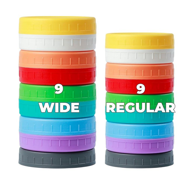 Bedgeta 18 Pack 9 Wide Mouth & 9 Regular Mouth Mason Jar Lids with Silicone Rings,Thickened Leak-proof Lids Fit Ball,Kerr and More, 18 Color Plastic Lids, 86mm &70mm Plastic Mason Jar Lids
