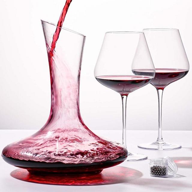 JBHO Wine Decanter with Red Wine Glasses set of 2 and Cleaning Beads, 21 oz and 56 oz, Full Bottle Wine Pitcher, Burgundy Wine Glasses, Wine Carafe Aerator and Glasses Set, Wine Decanter and Glass Set
