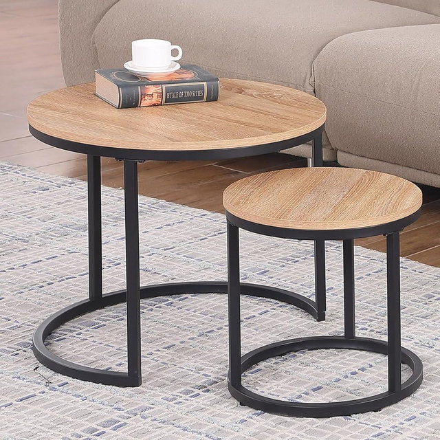 CENSI 23.6-Inch Oak Round Nesting Coffee Table for Living Room, Mid-Century Modern, Wood and Metal (Natural Wood)