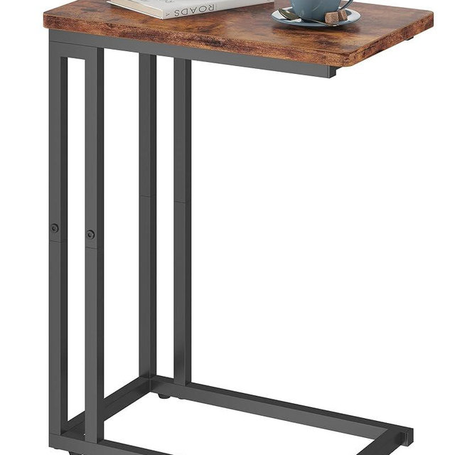 Yusong C Shaped End Table - Slide Under Sofa Couch Bed, Small Table for Small Spaces, Skinny Overbed, Coffee Drink Snack Table for Living Room, Rustic Brown