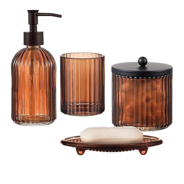 4PCs Heavy Weight Decent Glass Bathroom Accessories Set with Decorative Pressed Pattern - Includes Hand Soap Dispenser & Tumbler & Soap Dish & Toothbrush Holder (Brown)