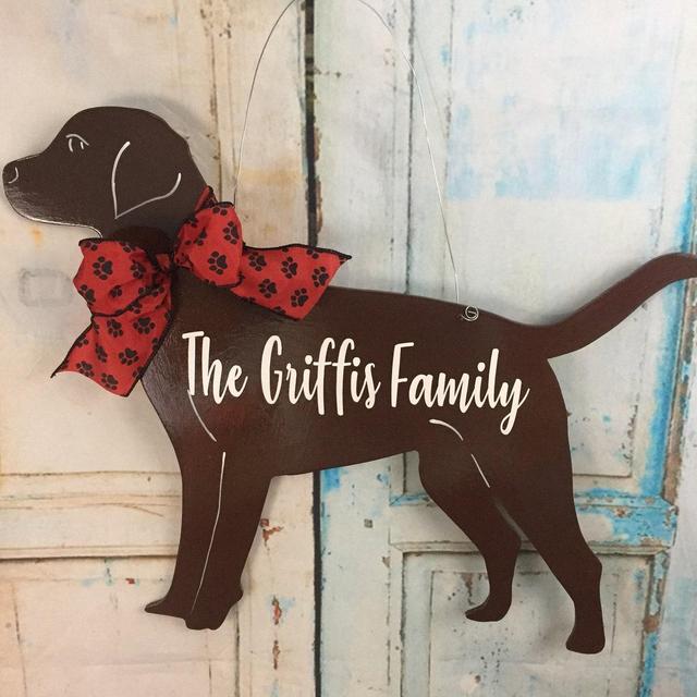 Chocolate Labrador Door Hanger with Bone Heart Paw Ribbon stating "Welcome"