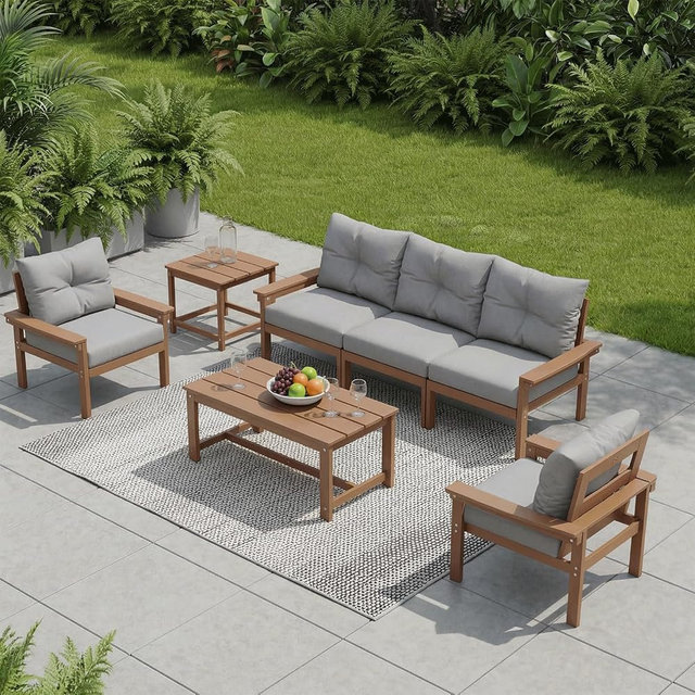 Tobeos HDPE 4 Piece Patio Furniture Set, All-Weather Outdoor Couch with Thick Cushions & Coffee Table & Side Table, Patio Conversation Sets for Lawn, Garden, Porch, Balcony, Deck, Poolside,Teak & Grey