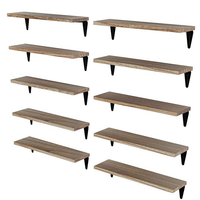 Wallniture Arras Wood Floating Shelves for Wall Storage, Small Bookshelf Set of 10, Hanging Book Shelves for Living Room, Bedroom, Office, Burned Finish Display Shelves