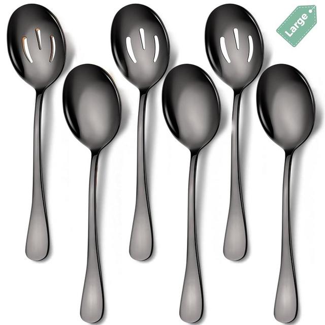 Keyoxy Black Large Serving Spoons, 6 Pieces Large Stainless Steel Serving Spoons Set Includes 3 Large Serving Spoon,3 Large Slotted Spoons. Serving Spoons for Parties/Buffet, Dishwasher Safe, 10-Inch