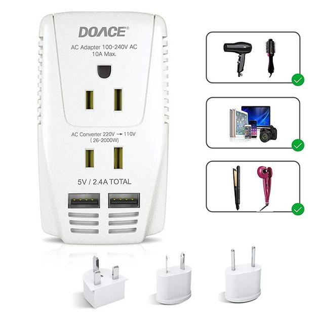 Upgraded DOACE C11 2000W Travel Voltage Converter for Hair Dryer Straightener Curling Iron, Step Down 220V to 110V, 10A Power Adapter with 2 USB and EU/UK/AU/US Plugs for Laptop Camera Cell Phone