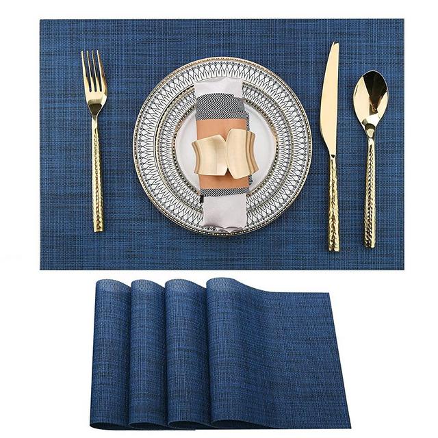 SLKQG Navy Blue Placemats Set of 4 - Easy Clean Washable Vinyl Placemats - Wipeable Heat Resistant Table Mats for Dining Table - 17x12 Inch (Navy Blue, 4)
