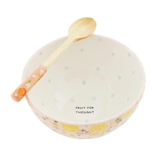 Mud Pie Watercolor Fruit Bowl Set, Multi, bowl 5" x 9" dia | spoon 10"