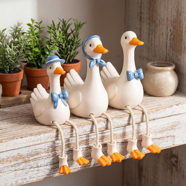Yookeer 3 Pcs Shelf Sitters with Dangling Legs, 7 Inch Little Resin Goose Family Figurines, Decorative Geese for Home Decor Office Desk Table Decor, Gift for Mothers, Teachers, Friends
