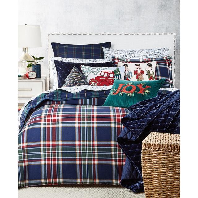 Martha Stewart Collection Holiday Flannel Navy Plaid Duvet Cover, King, Created For Macy's
