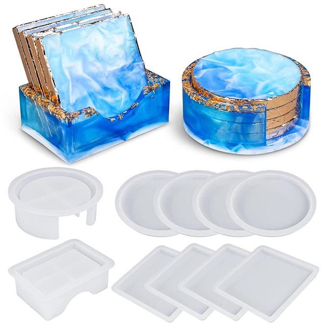 LET'S RESIN Coaster Resin Molds, Upgraded 10pcs Epoxy Molds Holder Kit with 5 Plastic Dropper 5 Wooden Sticks 2 Gloves, Sturdy Silicone Molds for Epoxy Resin, Cups Mats