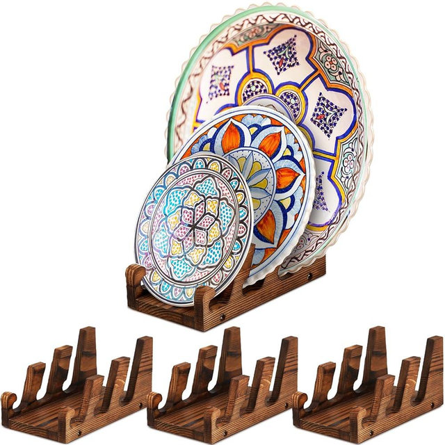 Wonderjune 4 Pcs China Plate Display Stands Set 3 Tier Wooden Dish Display Rack Kitchen Dinnerware Holder Dish Storage Racks Cabinet Organizer for Handicrafts Artwork China Plate Bowl Pot Lid