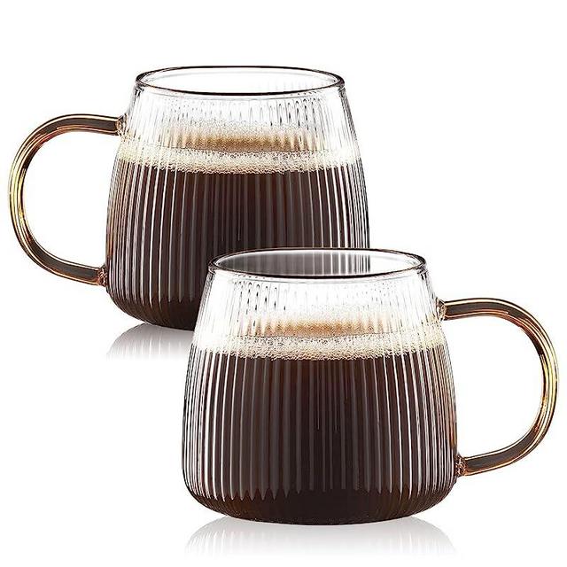 Luxtea Vintage Glass Coffee Mugs Set of 2 Ribbed Drinking Glasses Clear Tea Cups Borosilicate Glass Cup in Vertical Stripes Pattern for Cappuccino,Latte,Beverage (14 Fl.Oz,Yellow Handle)
