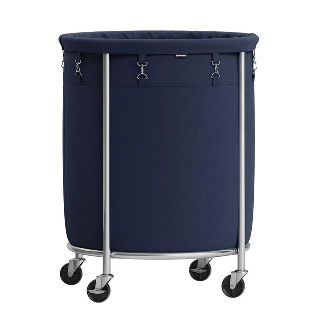 SONGMICS Laundry Basket with Wheels, Rolling Laundry Hamper, 45 Gal., Round Laundry Cart with Steel Frame and Removable Bag, 4 Casters and 2 Brakes, Charcoal Blue and Metallic Silver URLS001Q01