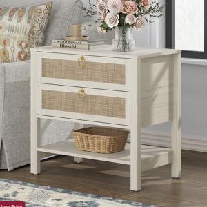 Pomodoro Rattan Nightstand With 2-Drawer And 1 Open Shelf - White, Set of 2