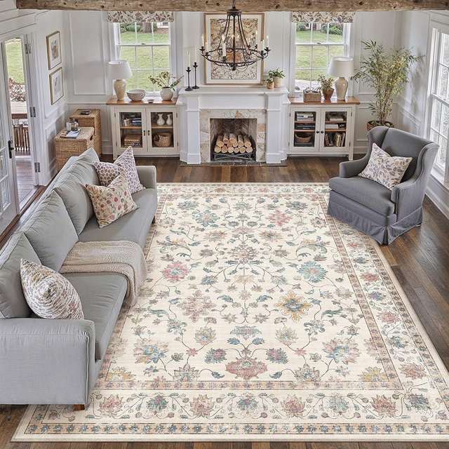HUGEAR Area Rug 8x10 Vintage Colorful Machine Washable Living Room Rugs Distressed Retro Floral Vacuumable Low Pile Carpet Bedroom Office Dining Farmhouse Playroom Non Slip