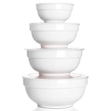 DOWAN Porcelain Serving Bowl Set with Airtight Lids for Keep Fresh, Small Mixing Bowls, Non Slip, Set of 4