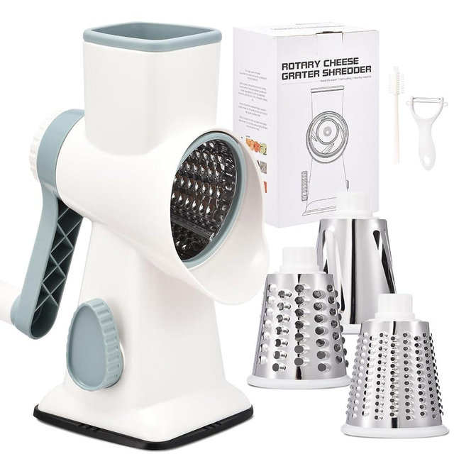 Rotary Cheese Grater with Handle Kitchen Shredder Slicer Grater Slicer Ice Shaver Cheese Vegetable Nuts Potato Zucchini Chocolate 3 Interchangeable Blades (WhiteBlue)