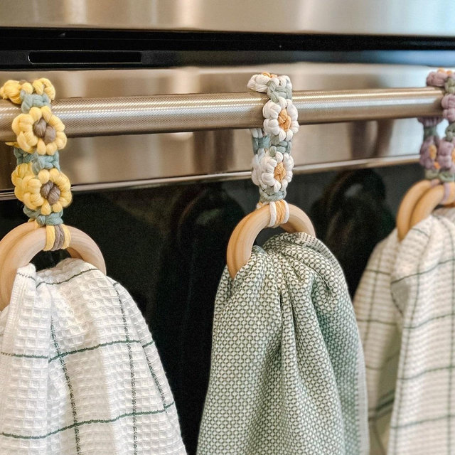 Kitchen Towel Holder ~ Daisy Macrame Towel Holder ~ Tea Towel Holder ~ Boho Decor ~ Spring Boho Kitchen Decor ~ Gift Idea