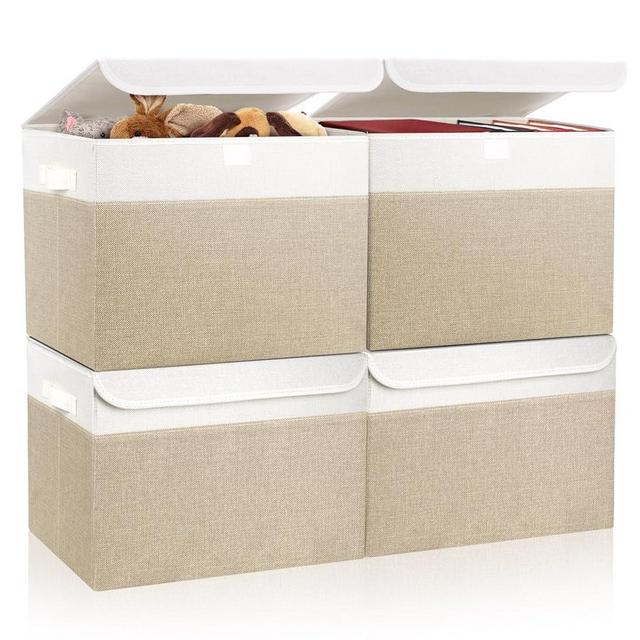 Bagnizer Large 22 Quart Linen Fabric Foldable Storage Bin Cube Organizer Basket with Flip-Top Lid & Handles, Clothes Blanket Box for Home, Office, Closet, Beige & White, 4 Pack 14.6 x 9.5 x 9.5”