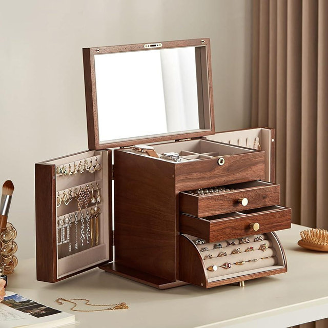 Homruilink Black Walnut Wooden Jewelry Box, Wood Jewelry Organizer with 2 Side Doors Mirror Lockable Classical for Watch Necklace Ring Earring Storage Christmas Gifts-4 Layer with Curved Ring Grooves