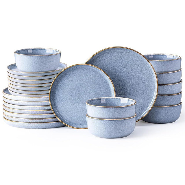 GBHOME Ceramic Dinnerware Sets for 8, 24 Pieces Stoneware Plates and Bowls Sets, Scratch Resistant Dishes, Dishwasher & Microwave Safe, Reactive Glaze-Brunnera Blue