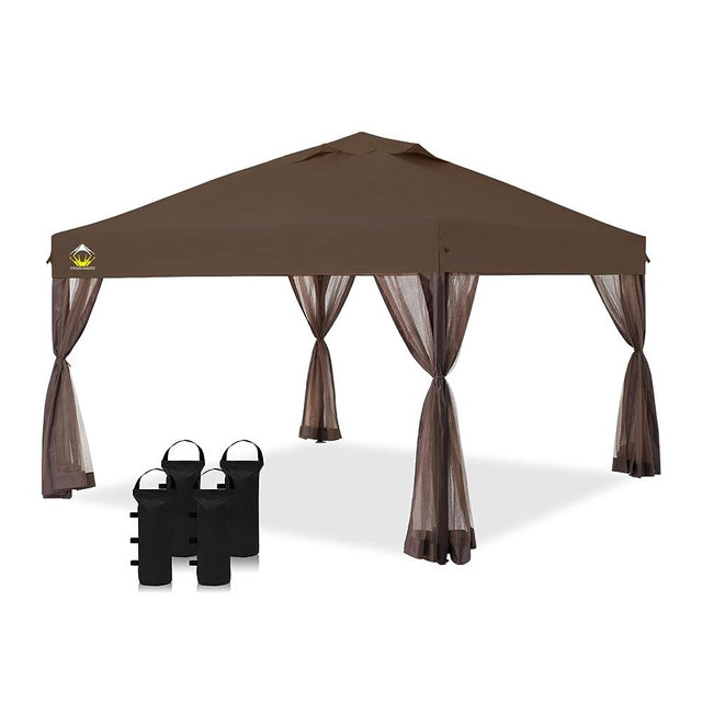 CROWN SHADES 10x10 Pop up Canopy Outside Canopy with 4 Removable nettings with Door,Patented One Push Tent Canopy with Wheeled Bag, Bonus 8 Stakes and 4 Ropes and 4 Weight Bags, Coffee