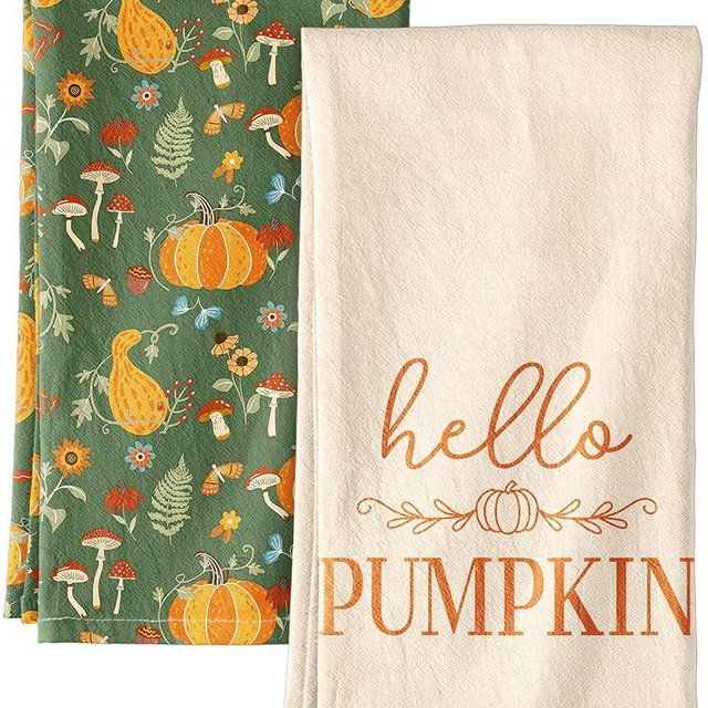 Miss Adola Flour Sack Fall Kitchen Towels - Fall Kitchen Dish Towels Set of 2 18x26 Inch Decorative Autumn Theme Towel for Thanksgiving Harvest, Absorbent Hand Towel with Hanging Loop, Green Space