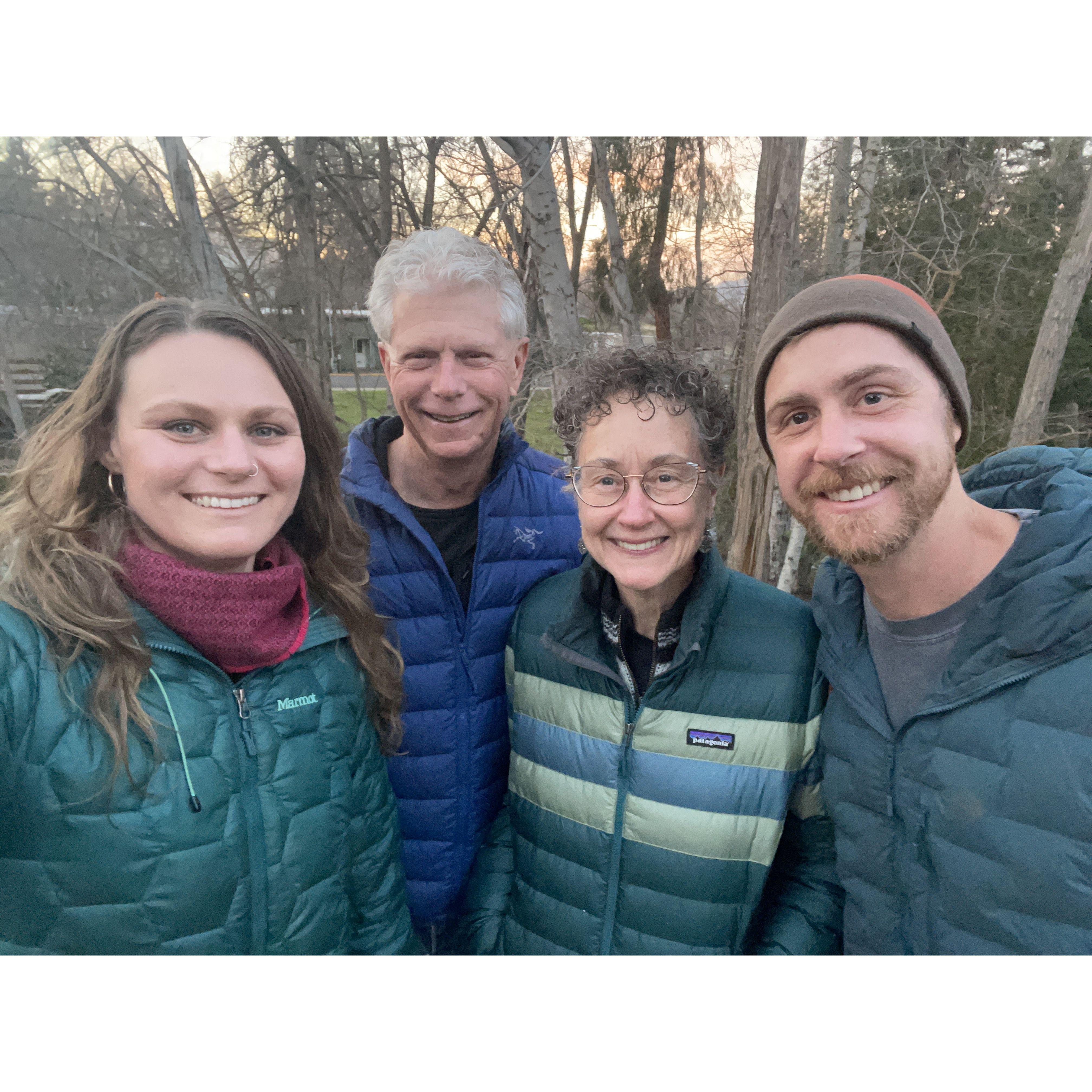 Meeting up for spring ski trips with Matt's parents Bill and Elizabeth has been a fun new tradition. This was taken in Ashland Oregon in February 2023! (Matching jackets was a funny coincidence)
