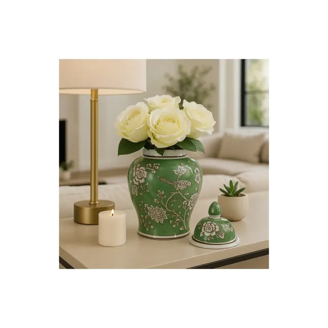 Modern Ceramic Bird and Flower Design Jar for Office and Home Decor - Flower Vase Jar for Bedroom, Table, or House Accent - 11", Green & Brown
