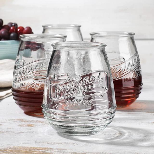 Stemless Wine Glasses 21 Oz. Set Of 4 Original Mason Vintage Goblet Beverage Glasses By Glaver’s - Uses For Your Cocktail Lounge, Whiskey Parties, and Everyday Dinner Table. Dishwasher Safe.