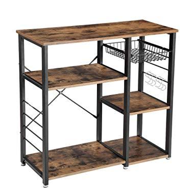VASAGLE Industrial Kitchen Baker’s Rack, Coffer Bar, Microwave Oven Stand Metal Frame, Wire Basket 6 Hooks Mini Oven, Spices Utensils, Simple Assembly Wood Look UKKS90X